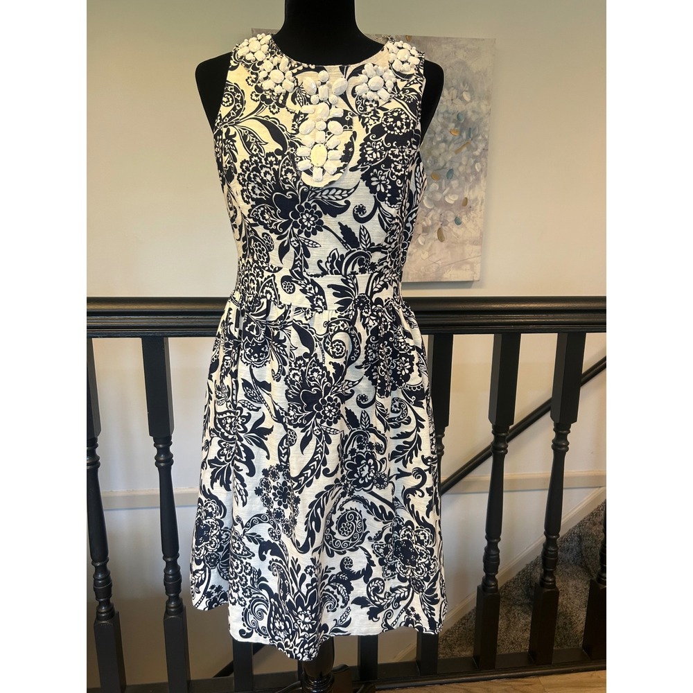 Eliza J Navy White Damask Floral Embellished Neck Fit Flare Dress Size 10